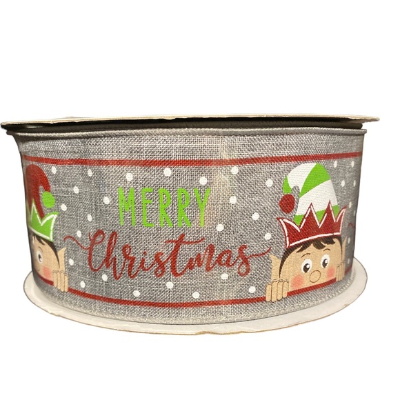 unbranded Other - Merry Christmas Holiday Elf 100 Ft Spool Roll Ribbon Grey  Wired Edge 2.5” Bow